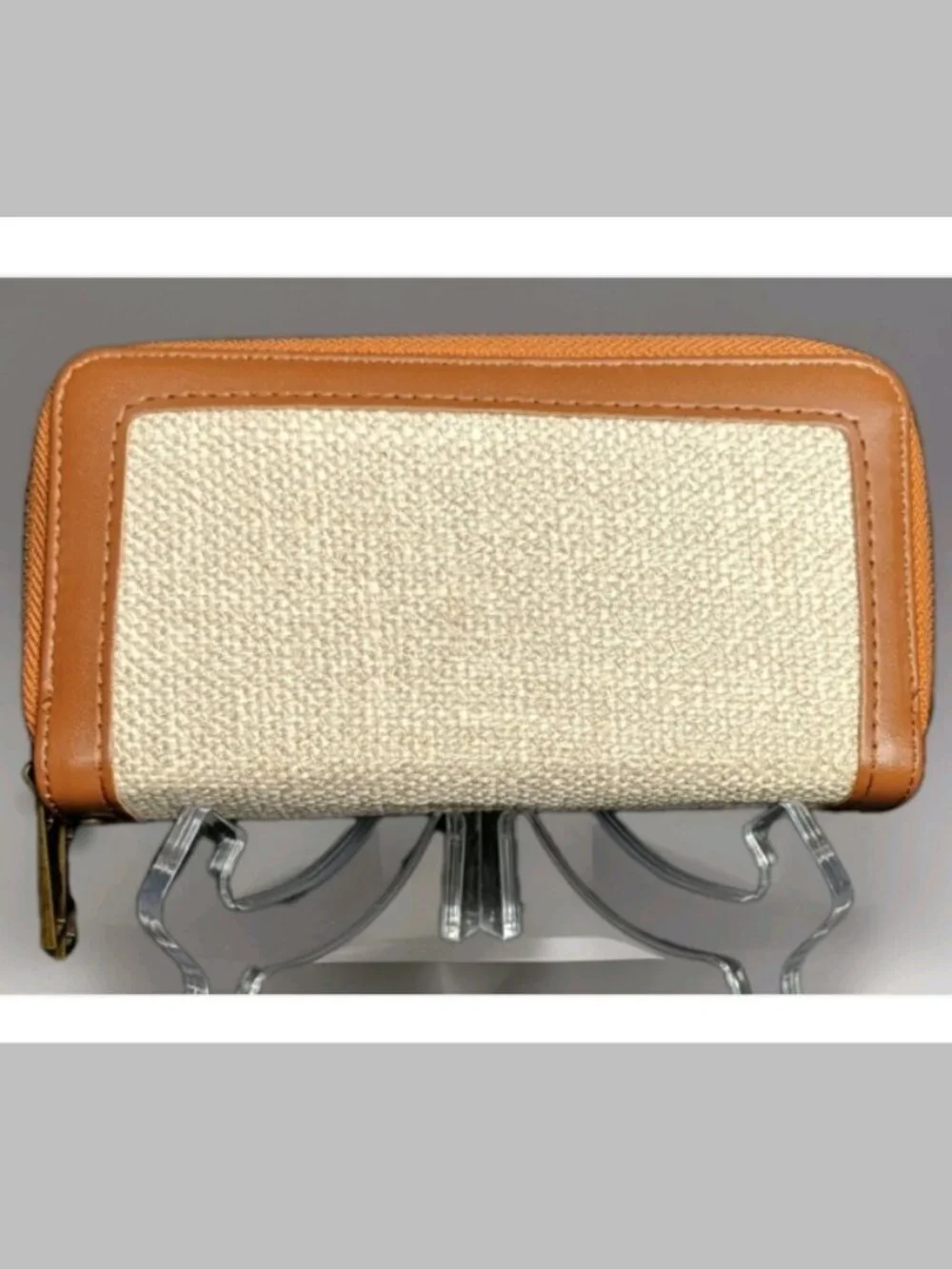 Brown Tan Woven Canvas Zip Around Wristlet Wallet Organizer Faux Leather Women
